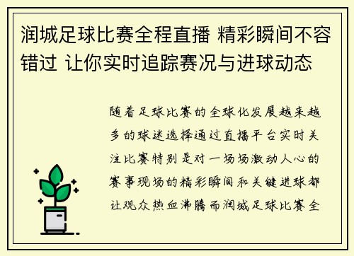 润城足球比赛全程直播 精彩瞬间不容错过 让你实时追踪赛况与进球动态